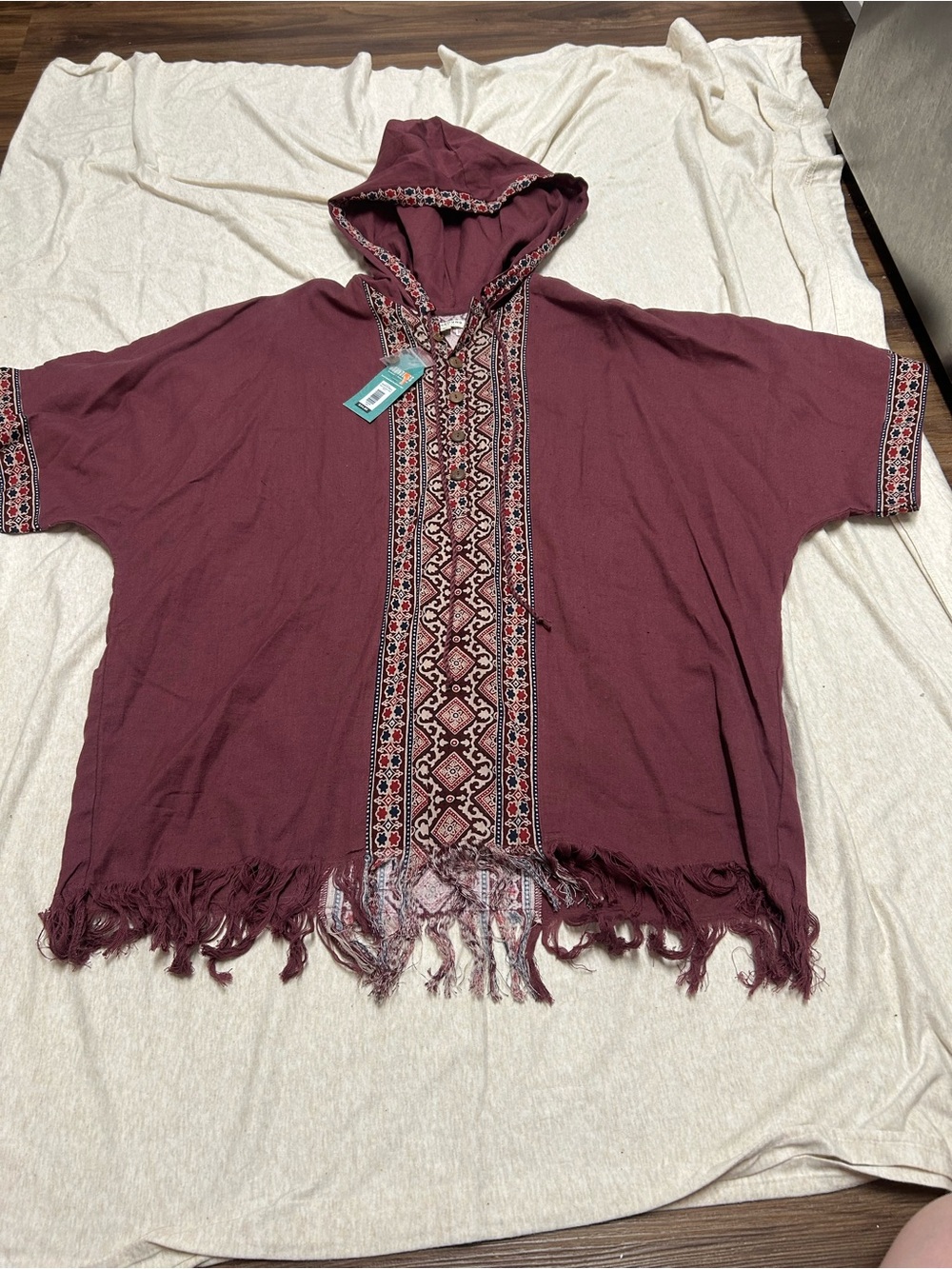 NWT Earthbound Trading Co Hooded Linen Cotton Blend Shirt Boho Fringe Raw Hem